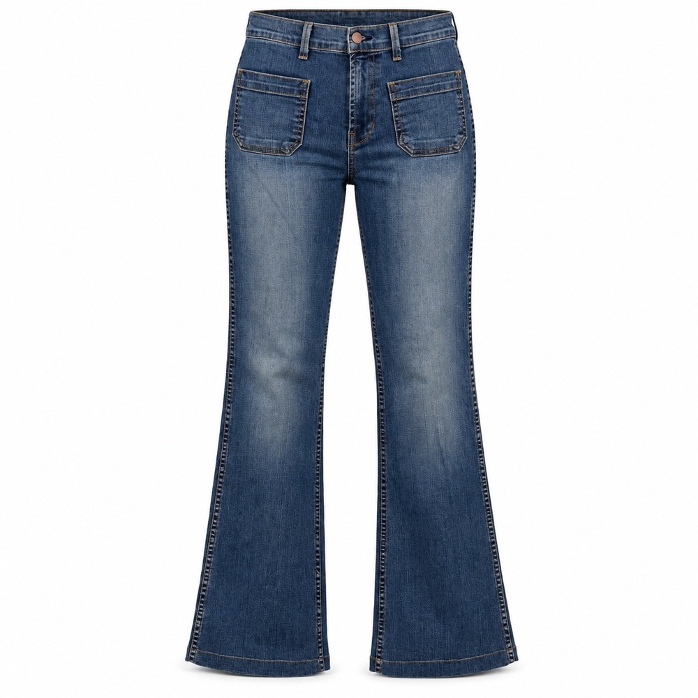 J Brand High Rise Flare Jeans Medium Wash Front Patch Pocket Denim Size 28